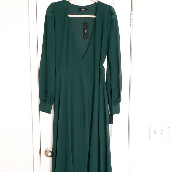 Lulus My Whole Heart Emerald Green Long Sleeve Wrap Dress Formal Party Size L - Picture 3 of 16